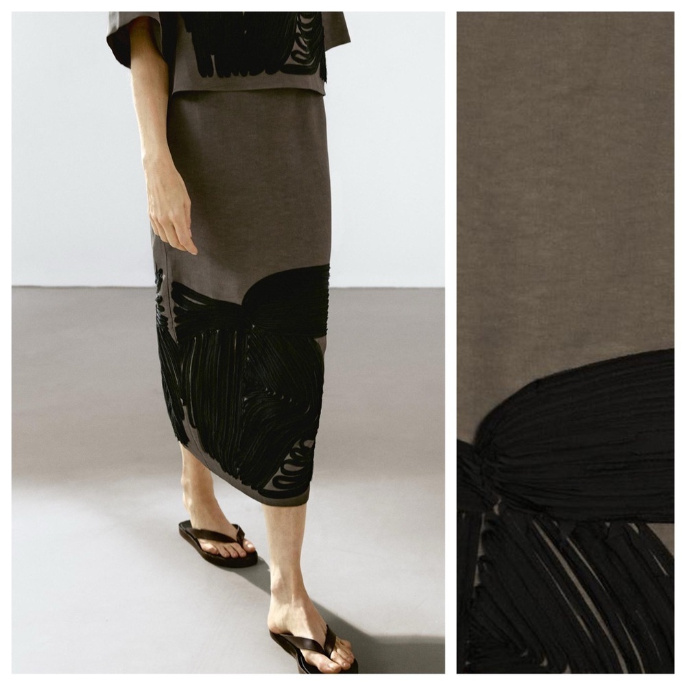 NWT. Massimo Dutti Khaki Viscose/Linen Blend Contrast Trim Midi Skirt. Size 4.